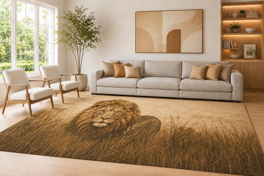 ICE ARMOR Large 6'7" x 9'10" Brown and Beige Grass Lion Area Rug for Living Room, Soft Low Pile Carpet with Non-Slip Silicone Backing, Decor for Bedroom Dining Room and Home Office