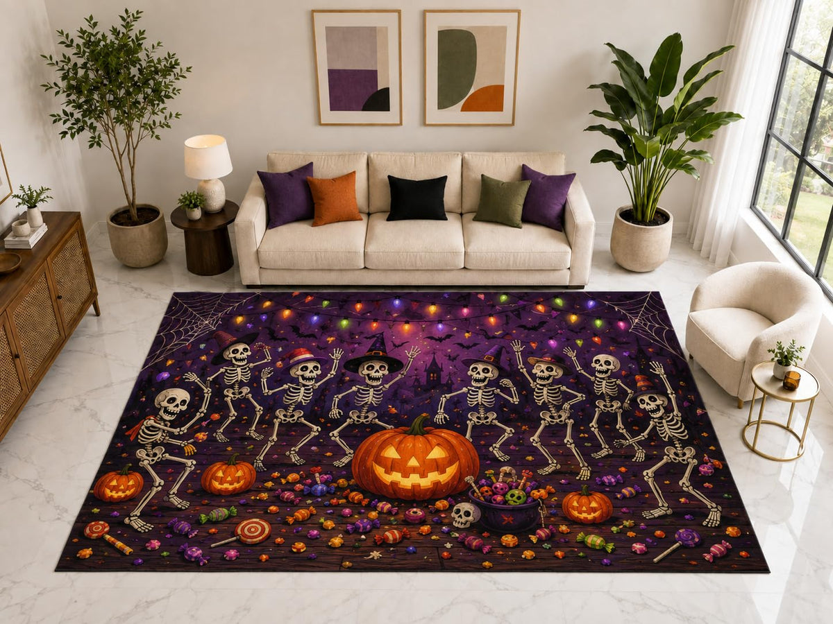 ICE ARMOR "Ultra Light Weight Large 6'7" x 9'10" Skeleton Party Rug, Soft Low Pile Indoor Rug, Non-Slip Silicone Backing for Kids Playroom Purple