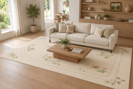 ICE ARMOR Large 6'7" x 9'10" Ivory and Beige Delicate Blossom Border Area Rug for Living Room, Soft Low Pile Carpet with Non-Slip Silicone Backing, Decor for Bedroom and Home Office