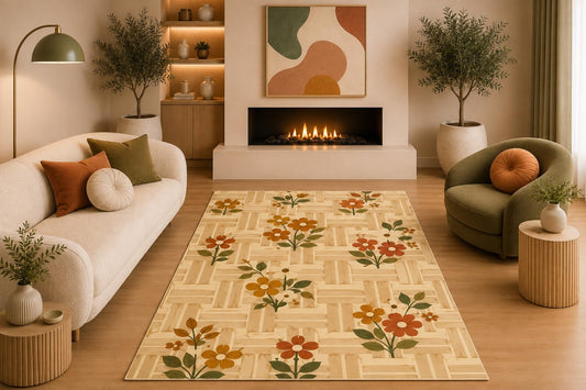 ICE ARMOR 5' x 7' Vintage Floral Area Rug Retro Botanical Flower Pattern Beige Orange Mustard Green for Living Room Bedroom Dining Room Non-Slip Silicone Backing Low Pile