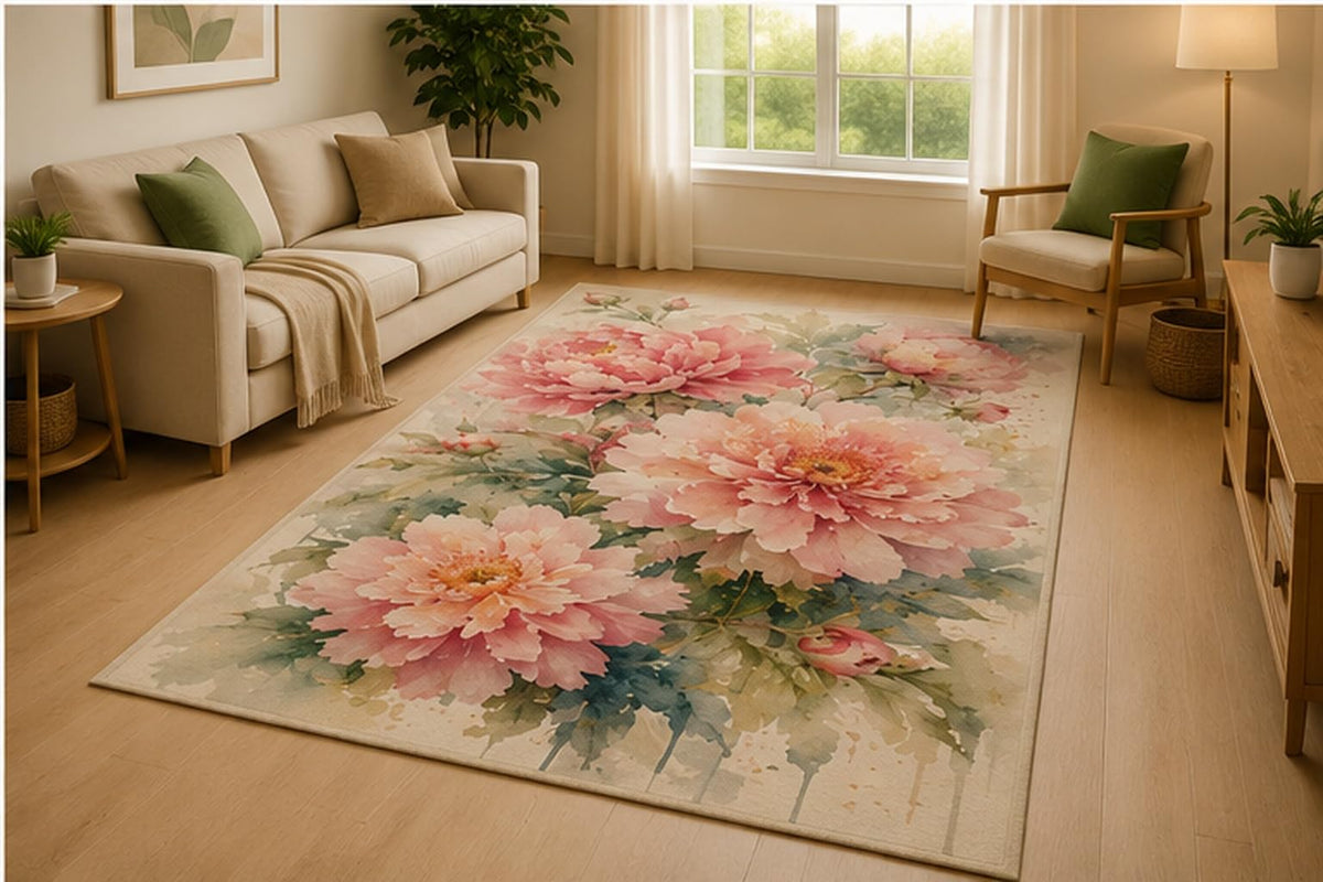 ICE ARMOR 5' x 7' Soft Watercolor Peony Area Rug for Living Room, Soft Low Pile Indoor Rug with Non-Slip Silicone Backing, Bedroom, Office, Family Room, Cream Pink