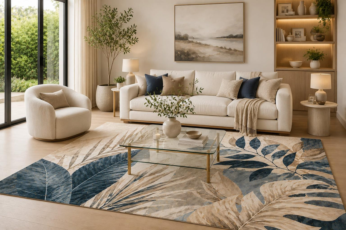 ICE ARMOR 6'7" x 9'10" Navy Blue, Beige and Cream Tropical Leaves Area Rug for Living Room, Soft Low Pile Carpet with Non-Slip Backing for Bedroom, Dining Room and Home Office