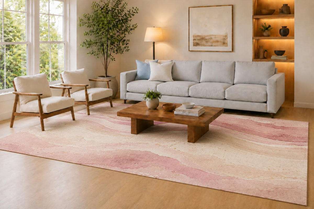 ICE ARMOR Large 6'7" x 9'10" Blush Pink and Cream Rosy Drift Area Rug for Living Room, Soft Low Pile Carpet with Non-Slip Silicone Backing, Decor for Bedroom, Dining Area and Home Office