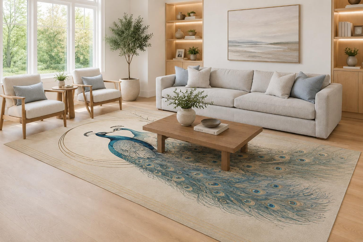 ICE ARMOR Large 6'7" x 9'10" Teal and Ivory Twin Peacock Plumes Area Rug for Living Room, Soft Low Pile Carpet with Non-Slip Silicone Backing, Decor for Bedroom, Dining Area and Home Office