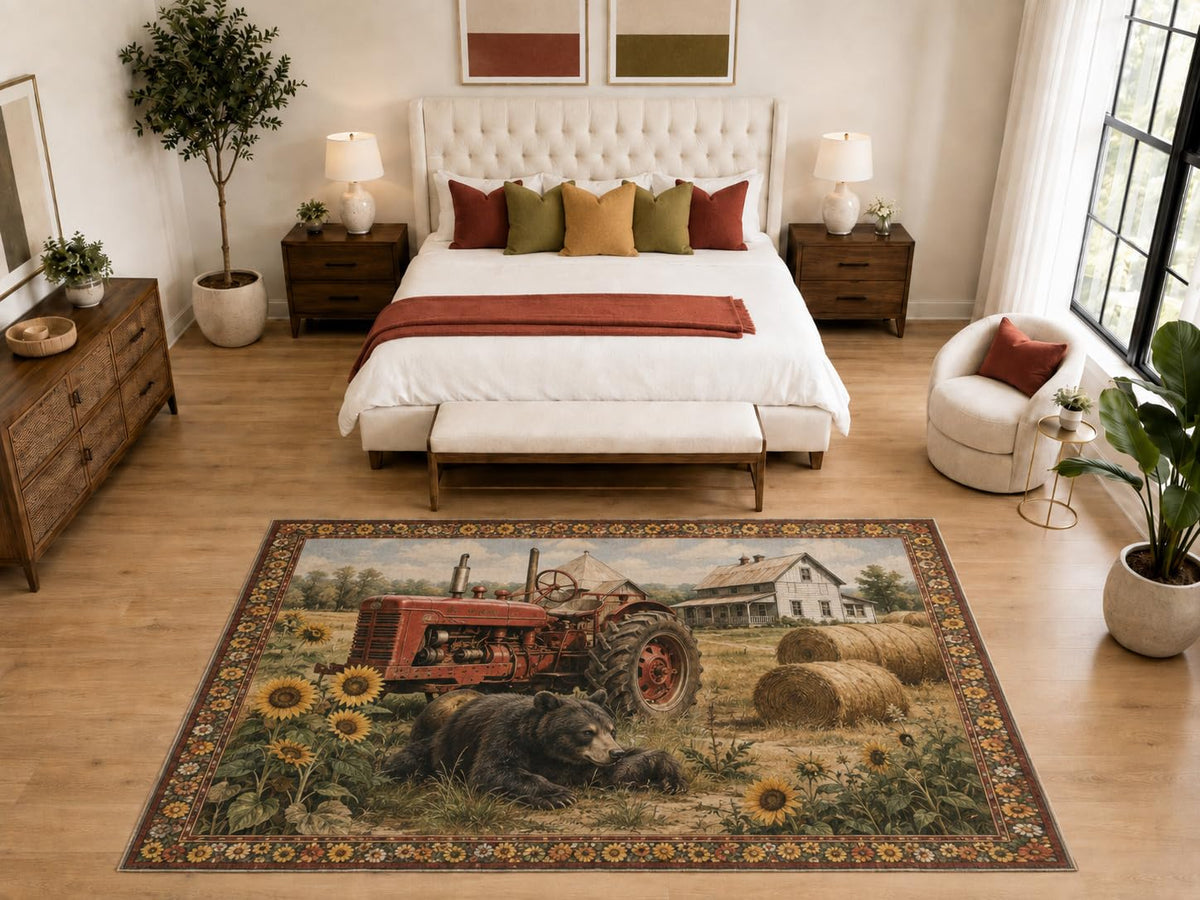 ICE ARMOR "Ultra Light Weight Large 6'7" x 9'10" Bear Tractor Farm Area Rug, Soft Low Pile Indoor Rug, Non-Slip Silicone Backing, Living Room, Brown