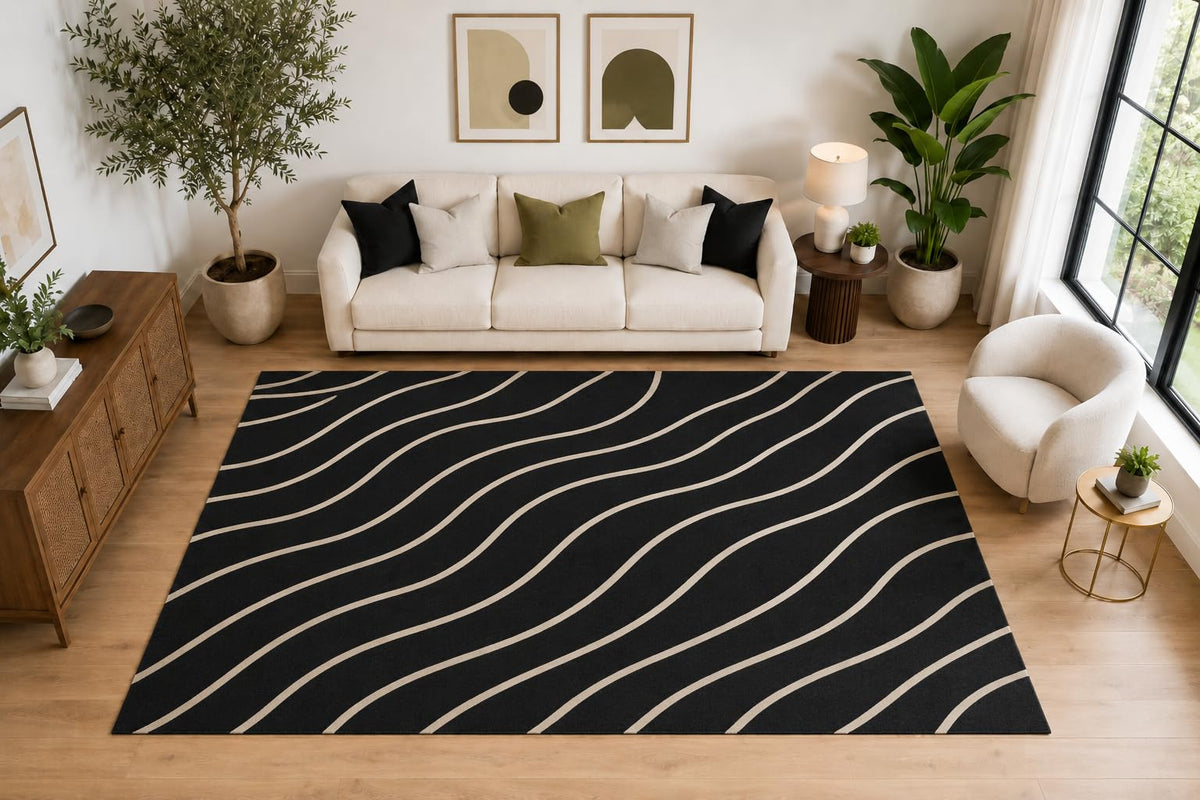 ICE ARMOR Large 6'7" x 9'10" Minimal Wavy Stripe Area Rug for for Bedroom, Living Room, Soft Low Pile Indoor Rug with Non-Slip Silicone Backing, Black Beige