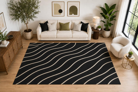ICE ARMOR Large 6'7" x 9'10" Minimal Wavy Stripe Area Rug for for Bedroom, Living Room, Soft Low Pile Indoor Rug with Non-Slip Silicone Backing, Black Beige
