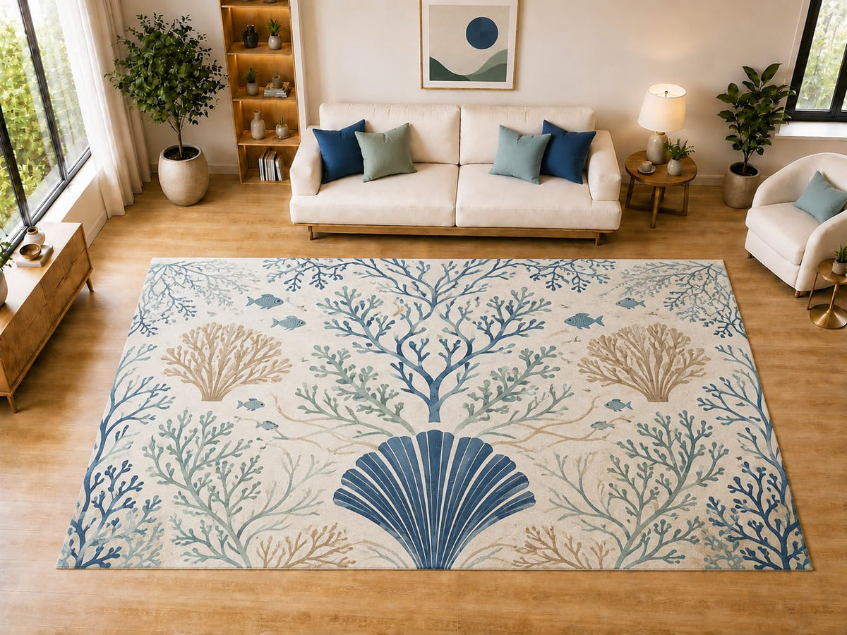 ICE ARMOR "Ultra Light Weight Large 6'7" x 9'10" Coral Fish Seashells Area Rug for Dining, Living Room, Bedroom, Soft Low Pile Indoor Rug with Non-Slip Silicone Backing, Blue Ivory