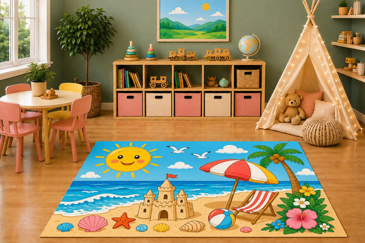 ICE ARMOR 5' x 7' Sunny Beach Sandcastle Area Rug, Cartoon Ocean Umbrella Palm Tree Seashells Summer Kids Playroom Nursery Bedroom Decor, Non-Slip Silicone Backing Low Pile
