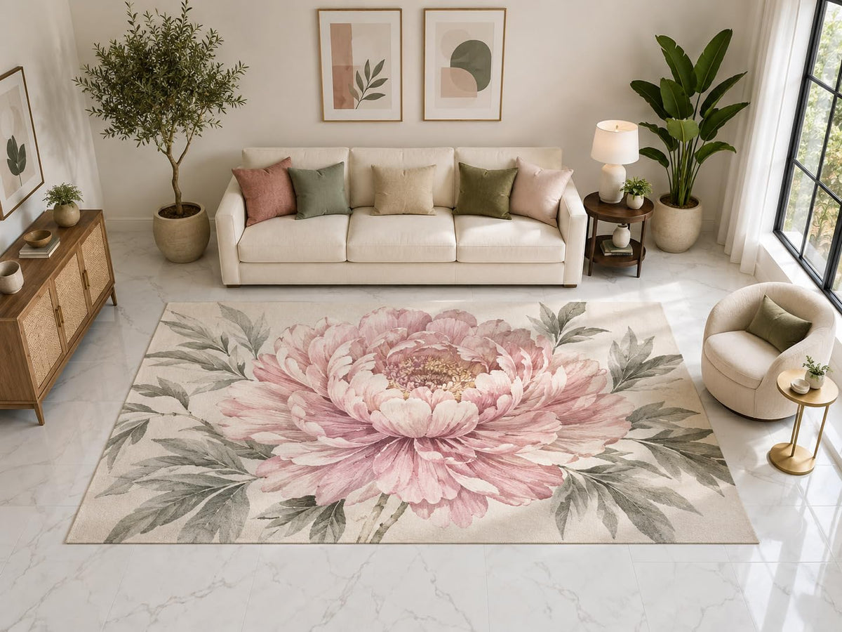 ICE ARMOR "Ultra Light Weight Large 6'7" x 9'10" Pink Peony Floral Rug, Soft Low Pile Indoor Rug, Non-Slip Silicone Backing for Living Room Pink