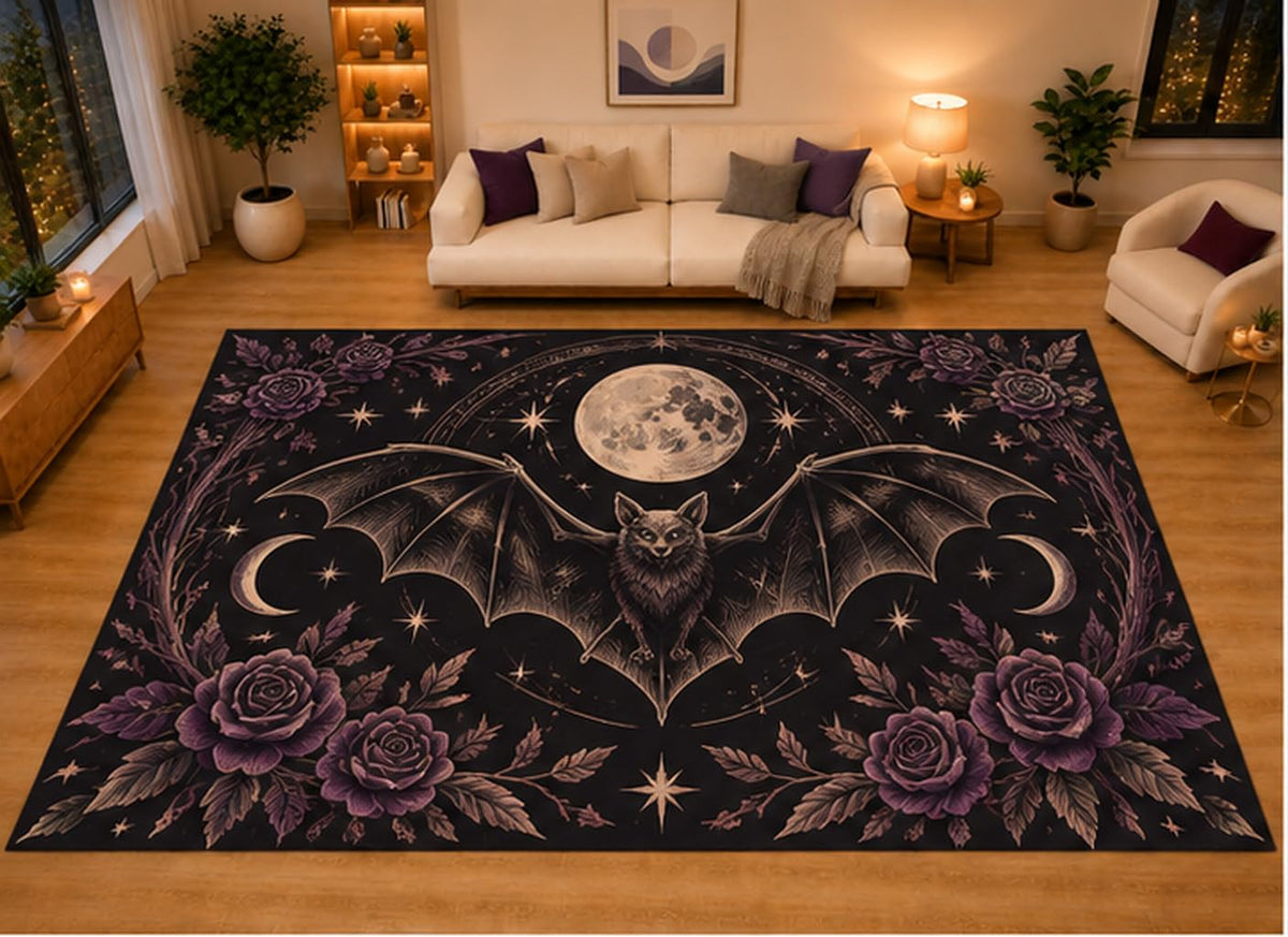 ICE ARMOR "Ultra Light Weight Large 6'7" x 9'10" Bat Full Moon Purple Rose Area Rug for Living Room Bedroom, Soft Low Pile Non-Slip Backing, Black Purple Gothic Halloween Decor