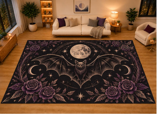 ICE ARMOR "Ultra Light Weight Large 6'7" x 9'10" Bat Full Moon Purple Rose Area Rug for Living Room Bedroom, Soft Low Pile Non-Slip Backing, Black Purple Gothic Halloween Decor