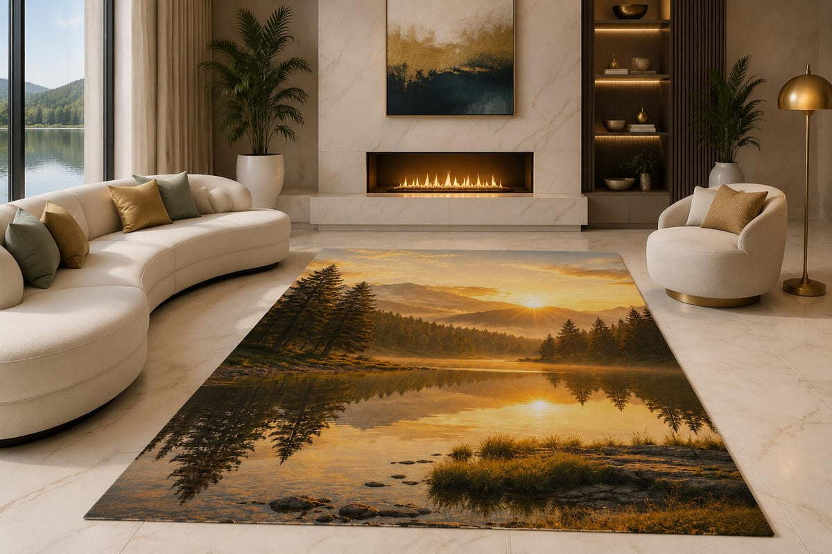 ICE ARMOR "Ultra Lightweight Large 6'7" x 9'10" Lakeside Sunrise Area Rug for Living Room, Bedroom and Home Office, Soft Low Pile Carpet with Non-Slip Silicone Backing, Amber and Green
