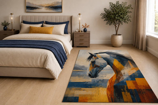 ICE ARMOR "Ultra Light Weight 5' x 7' Geometric Horse Area Rug for Living Room, Bedroom and Home Office, Soft Low Pile Carpet with Non-Slip Silicone Backing, Blue and Orange
