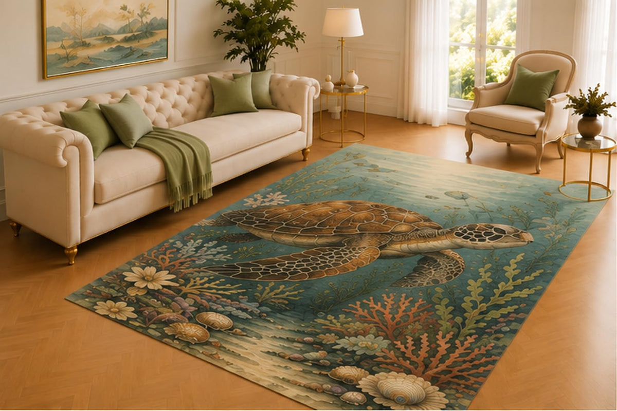 ICE ARMOR 5' x 7' Sea Turtle Rug, Marine Animal Swimming Above Coral and Seashells, Soft Floor Cover for Living Room, Bedroom, Nursery and Coastal Decor