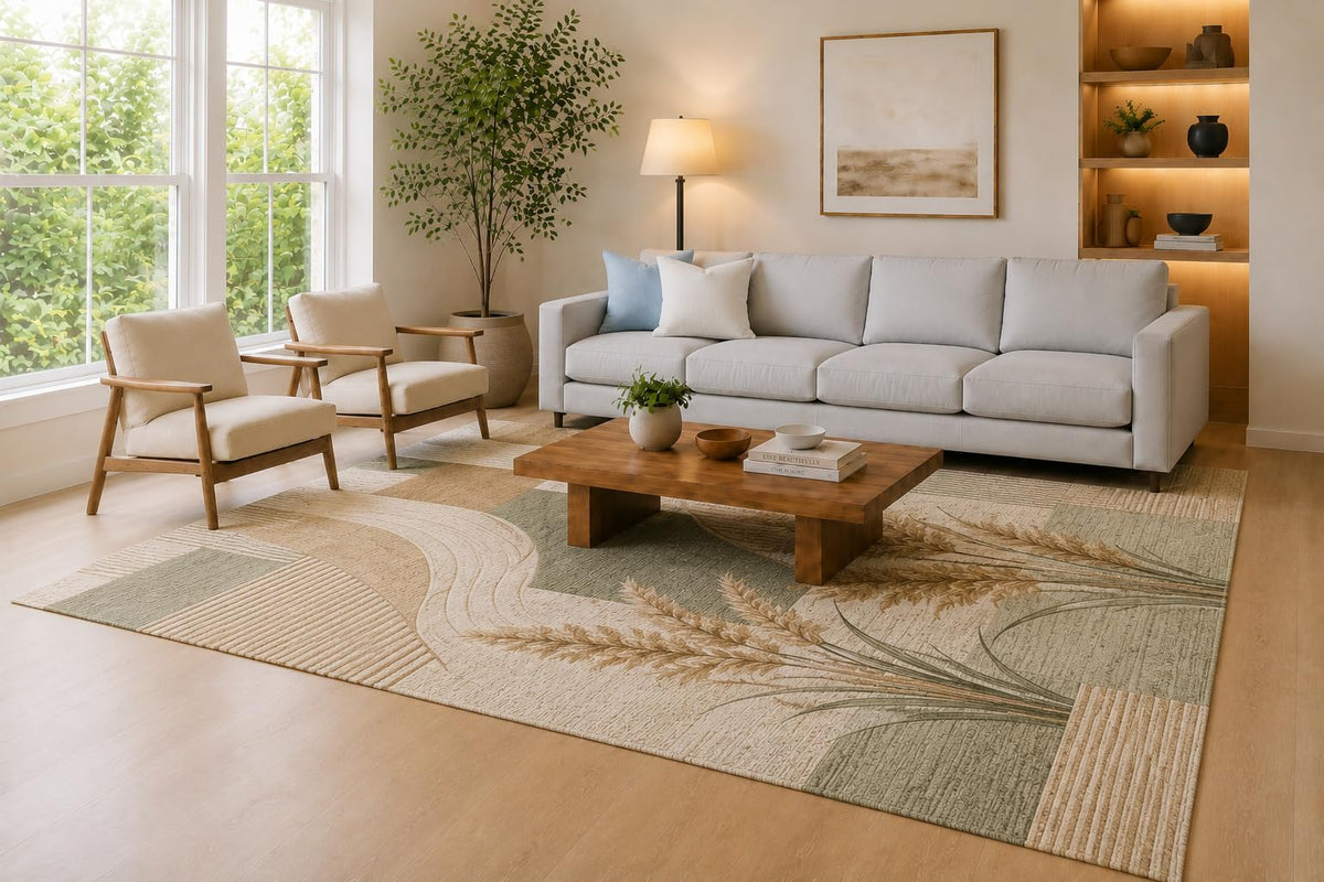 ICE ARMOR Large 6'7" x 9'10" Sage Green, Taupe and Cream Wheat Curves Area Rug for Living Room, Soft Low Pile Carpet with Non-Slip Silicone Backing, Decor for Bedroom, Dining Area and Home Office