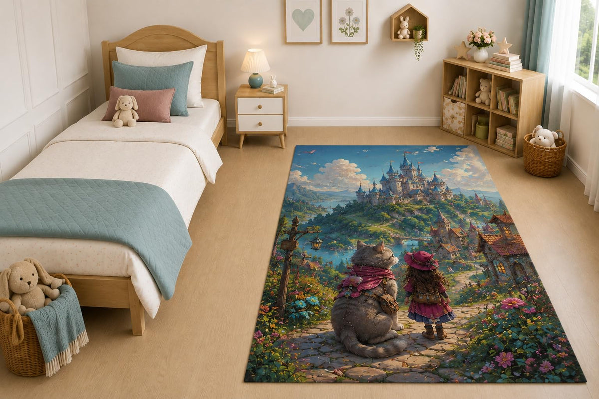 ICE ARMOR "Ultra Light Weight 5' x 7' Girl and Cat Castle Area Rug for Living Room, Bedroom and Home Office, Soft Low Pile Carpet with Non-Slip Silicone Backing, Blue and Pink