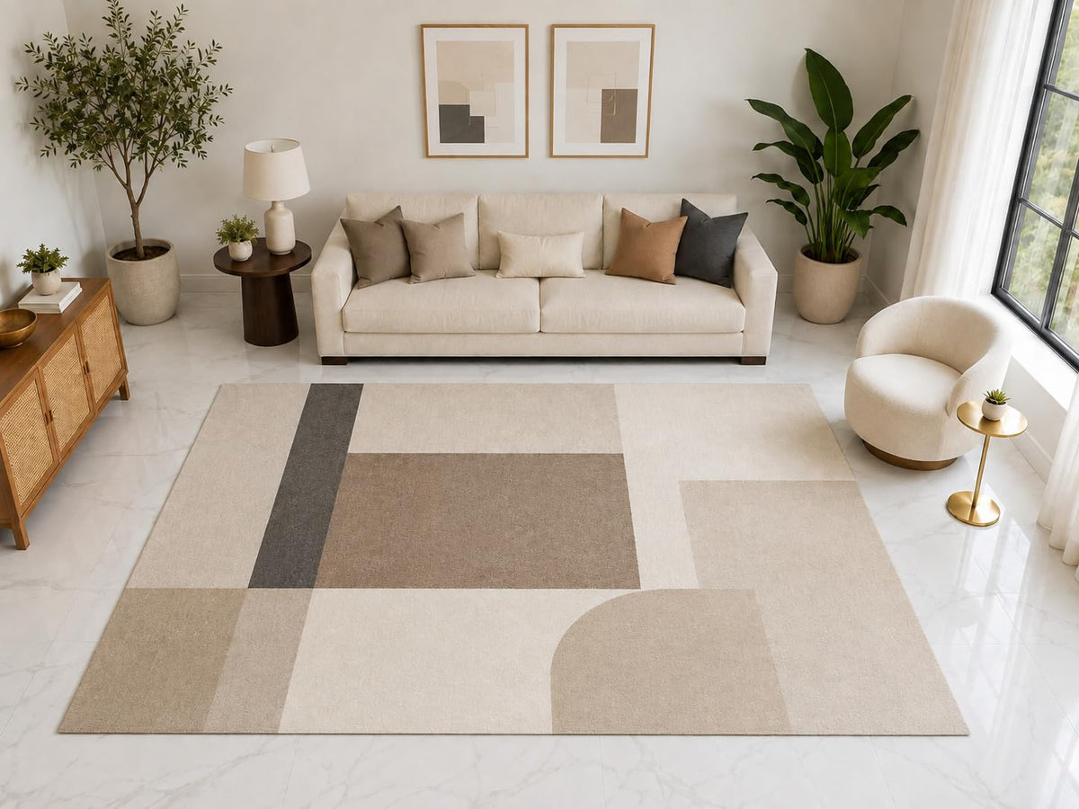 ICE ARMOR "Ultra Light Weight Large 6'7" x 9'10" Minimal Geometric Rug, Soft Low Pile Indoor Rug, Non-Slip Silicone Backing for Living Room Beige