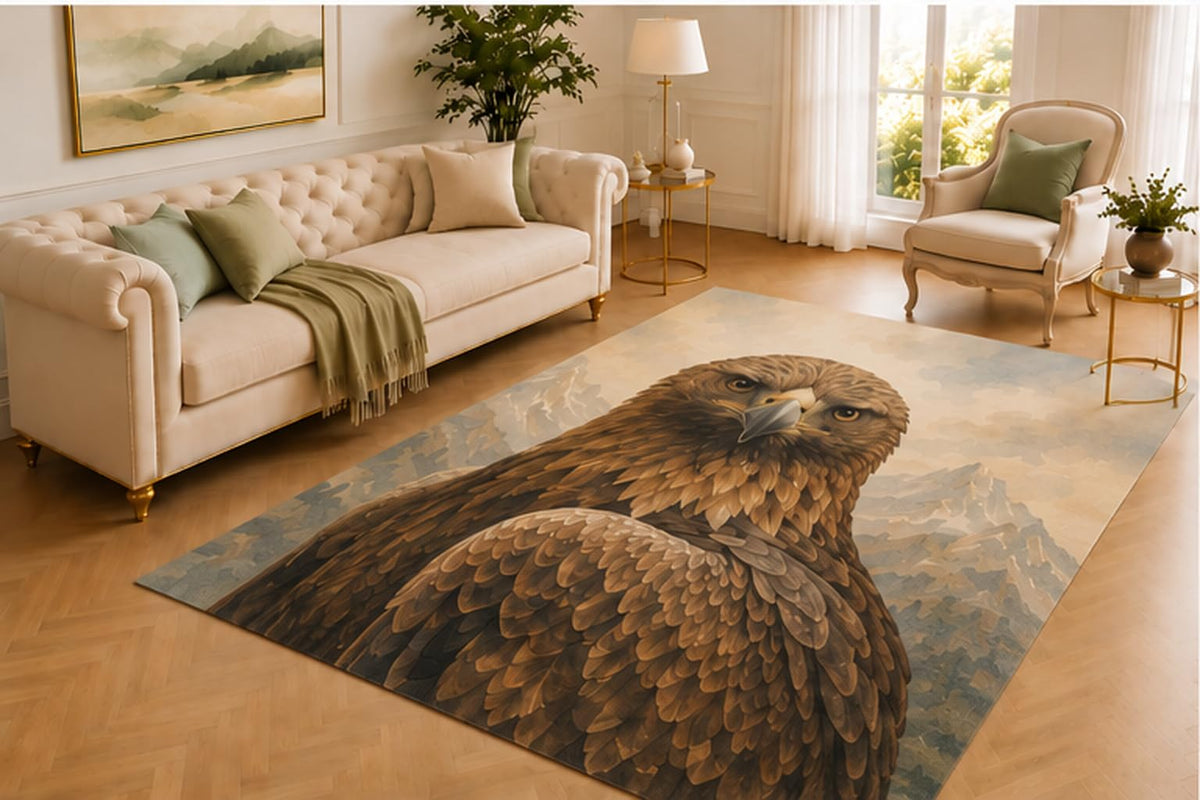 ICE ARMOR 5' x 7' Golden Eagle Rug, Powerful Mountain Bird in Alpine Art, Smooth Printed Floor Cover for Living Room, Bedroom, Study, Cabin and Wildlife Decor