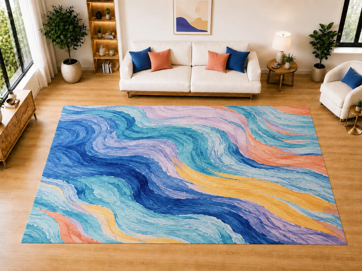 ICE ARMOR "Ultra Light Weight Large 6'7 x 9'10 Painted Ocean Wave Bands Area Rug for Living Room, Dining Room, and Bedroom, Soft Low Pile Indoor Rug, Artistic Floor Decor