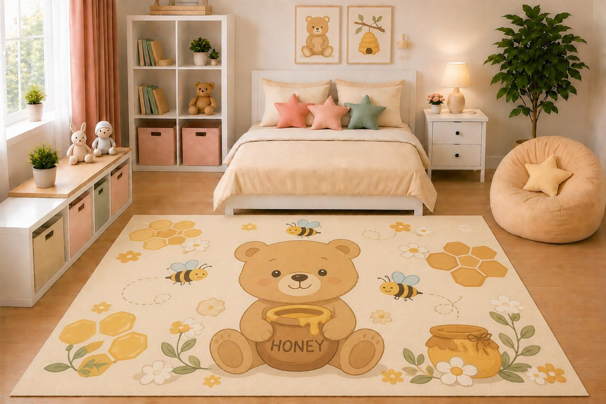 ICE ARMOR 5' x 7' Kids Area Rug Honey Bear and Bees Rug Cute Teddy Bear Flowers Nursery Bedroom Playroom Baby Room Decor Non-Slip Silicone Backing Low Pile