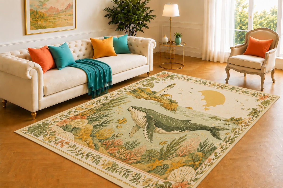 ICE ARMOR 5' x 7' Coastal Whale Area Rug for Living Room, Soft Low Pile Indoor Rug with Non-Slip Silicone Backing, Decorative Carpet for Bedroom, Nursery, Beach House & Office, Beige