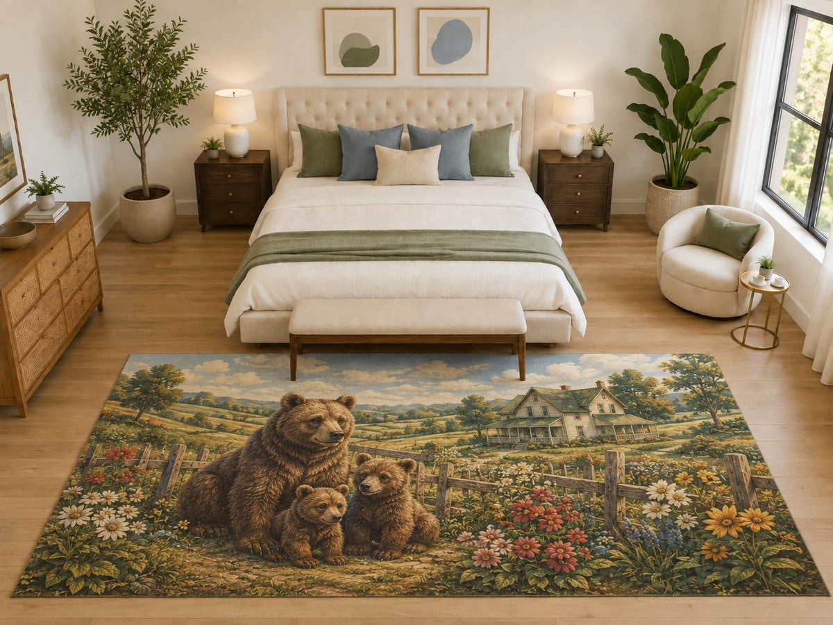 ICE ARMOR "Ultra Light Weight Large 6'7" x 9'10" Bear Family Farm Area Rug, Soft Low Pile Indoor Rug, Non-Slip Silicone Backing, Family Room, Brown