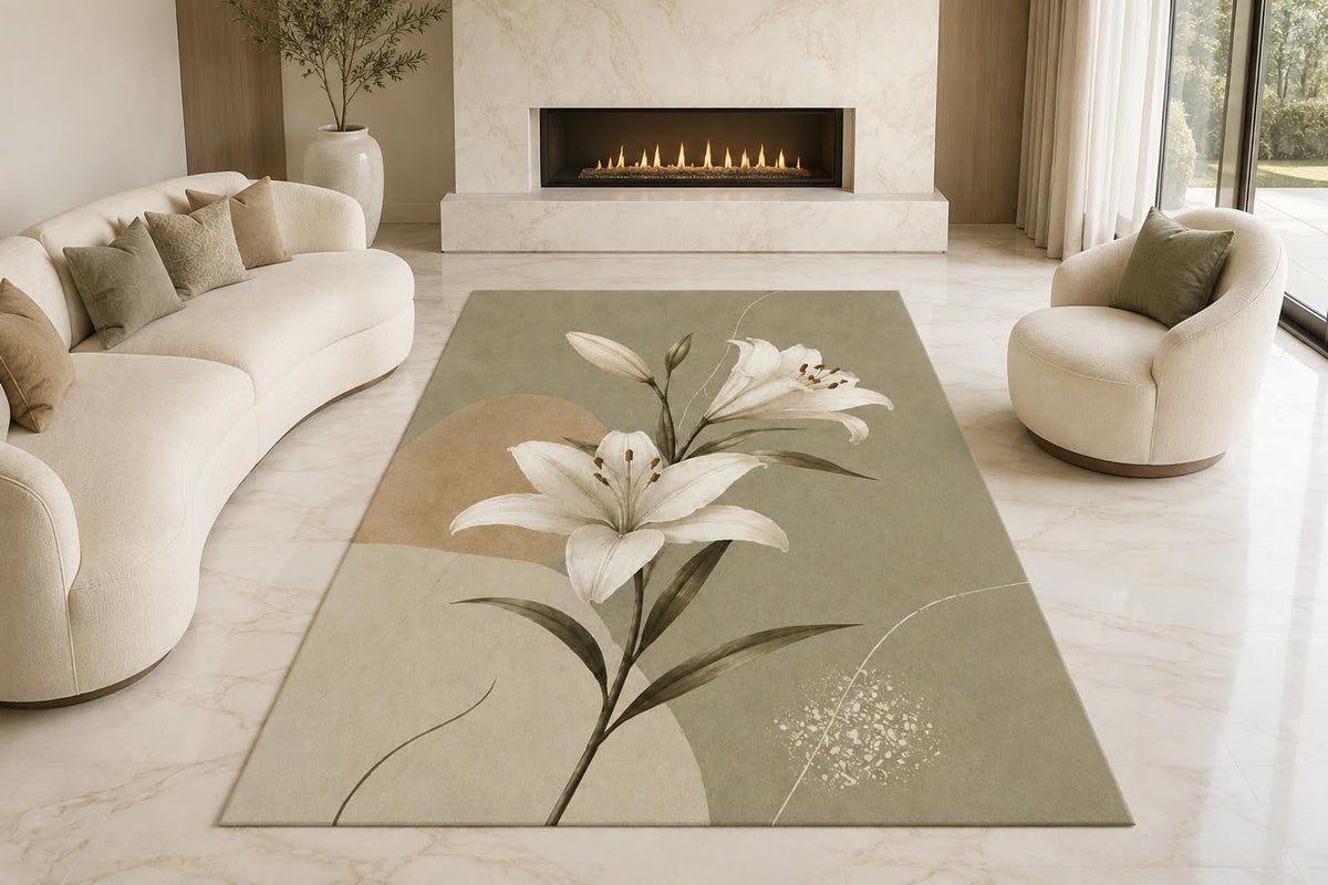 ICE ARMOR "Ultra Lightweight Large 6'7" x 9'10" White Lily Stem Area Rug for Living Room, Bedroom and Home Office, Soft Low Pile Carpet with Non-Slip Silicone Backing, Sage and Cream