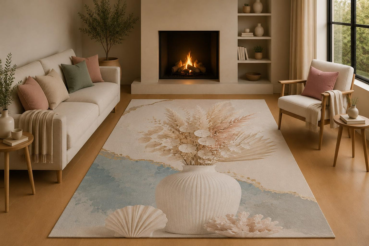 ICE ARMOR 5' x 7' Coastal Vase Area Rug with Non-Slip Silicone Backing Low Pile Soft Carpet for Living Room Bedroom Neutral Seashell Pampas Grass Beach Decor