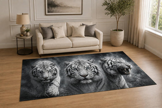 ICE ARMOR "Ultra Light Weight 5' x 7' Bengal Tiger Trio Area Rug for Living Room, Bedroom and Home Office, Soft Low Pile Carpet with Non-Slip Silicone Backing, White and Black