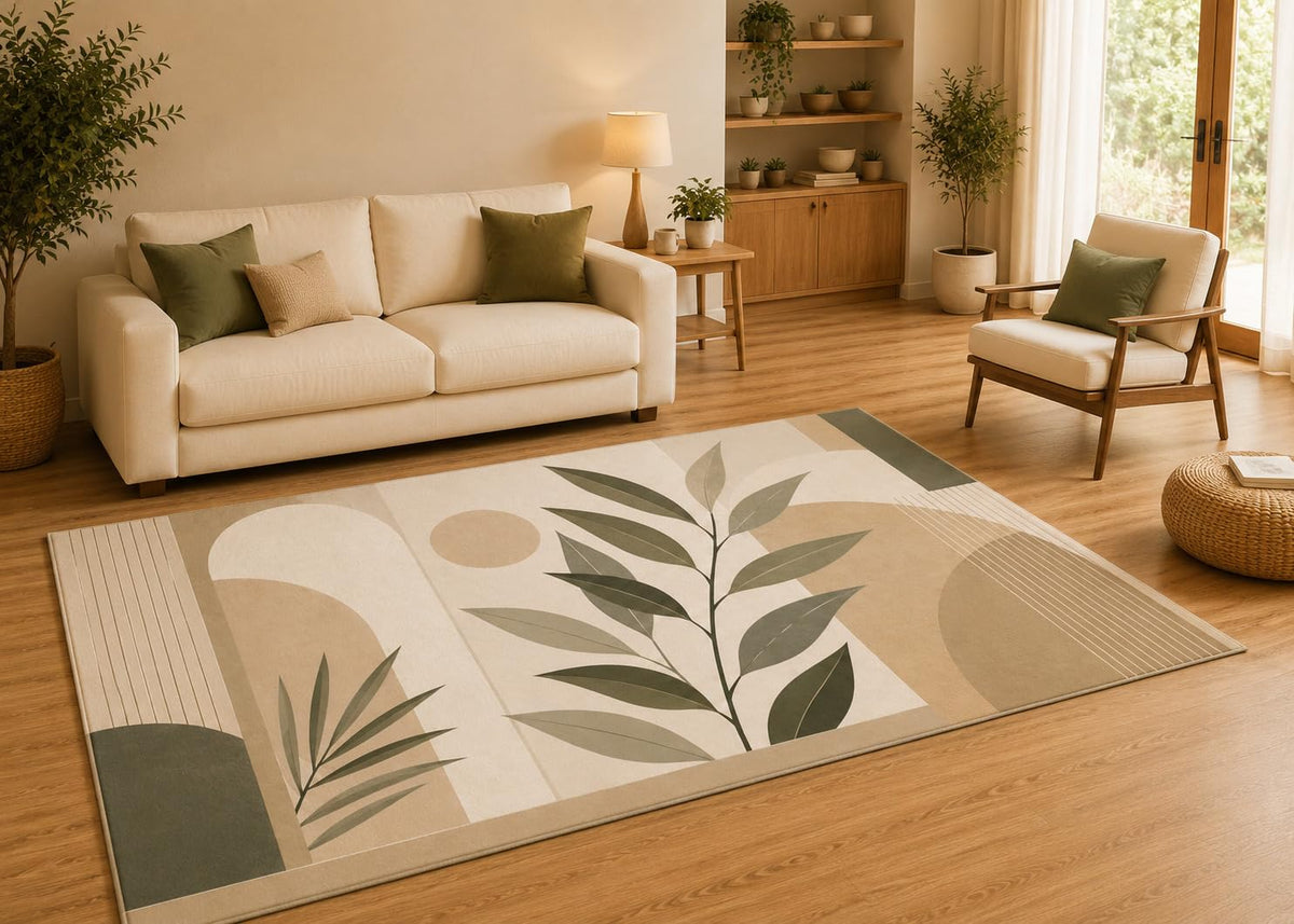 ICE ARMOR 5' x 7' Modern Botanical Geometric Area Rug with Non-Slip Silicone Backing Low Pile Soft Carpet for Living Room Bedroom Beige Green Leaf Decor