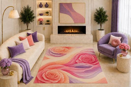 ICE ARMOR "Ultra Light Weight 5' x 7' Abstract Rose Area Rug Modern Floral Art Pink Peach Purple Wavy Design for Living Room Bedroom Girls Room Non-Slip Silicone Backing Low Pile