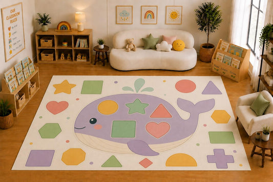 ICE ARMOR Large 6'7" x 9'10" Cute Whale and Geometric Shapes Area Rug for Kids Room, Classroom, Bedroom, Playroom Decor, Soft Low Pile Indoor Rug with Non-Slip Silicone Backing, Pastel Multicolor