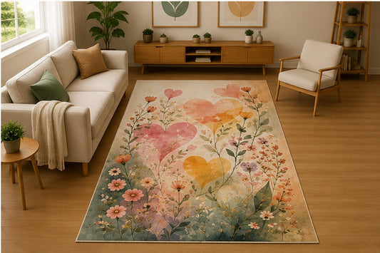 ICE ARMOR 5' x 7' Watercolor Heart Wildflower Area Rug for Living Room, Soft Low Pile Indoor Rug with Non-Slip Silicone Backing, Decorative Carpet for Bedroom, Nursery, Kids Room, Kids & Pets, Pastel