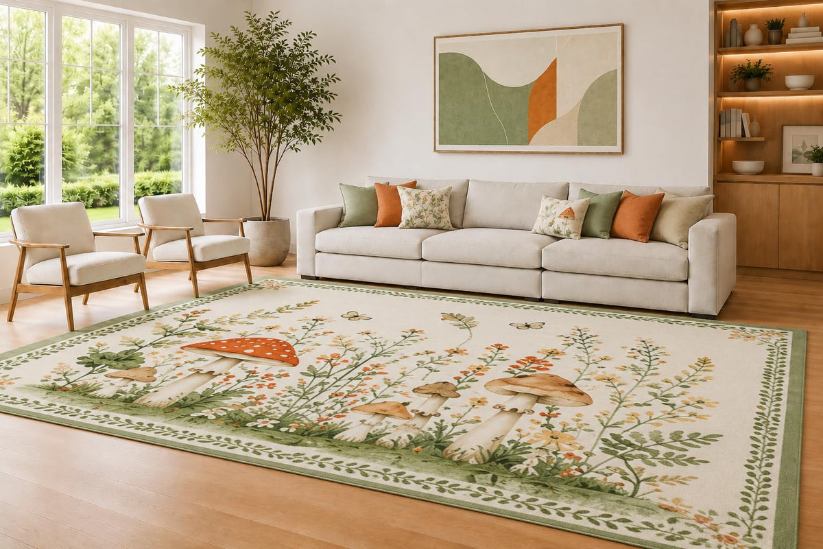 ICE ARMOR Large 6'7" x 9'10" Cream and Sage Mushroom Garden Area Rug for Living Room, Soft Low Pile Carpet with Non-Slip Silicone Backing, Decor for Bedroom and Home Office