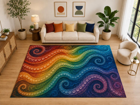 ICE ARMOR "Ultra Light Weight Large 6'7" x 9'10" Rainbow Octopus Tentacle Rug for Kids Room, Soft Low Pile Indoor Rug and Non-Slip Silicone Backing, Multicolor
