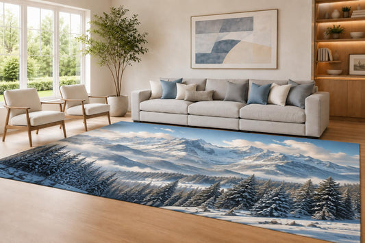 ICE ARMOR Large 6'7" x 9'10" Blue and White Snowy Mountains Area Rug for Living Room, Soft Low Pile Carpet with Non-Slip Silicone Backing, Decor for Bedroom Dining Room and Home Office