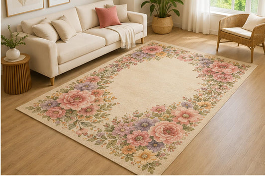 ICE ARMOR 5' x 7' Elegant Floral Border Area Rug for Living Room, Soft Low Pile Indoor Rug with Non-Slip Silicone Backing, Decorative Carpet for Bedroom, Dining Room, Office, Cream Multicolor
