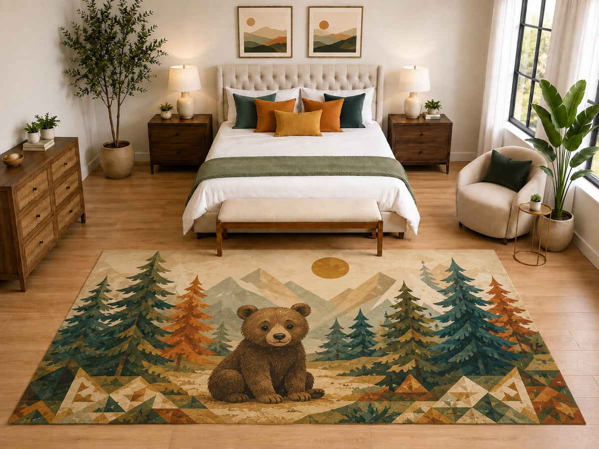 ICE ARMOR "Ultra Light Weight Large 6'7" x 9'10" Bear Cub Forest Rug, Soft Low Pile Indoor Rug and Non-Slip Silicone Backing, Kids Room, Brown