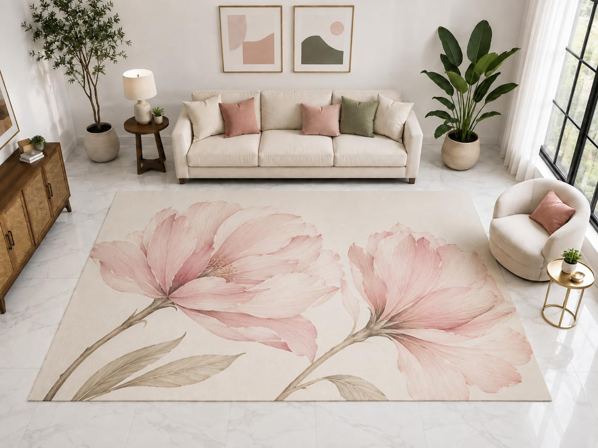 ICE ARMOR "Ultra Light Weight Large 6'7" x 9'10" Twin Magnolia Floral Rug, Soft Low Pile Indoor Rug, Non-Slip Silicone Backing for Bedroom Blush Pink