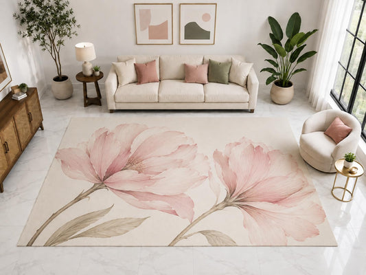 ICE ARMOR "Ultra Light Weight Large 6'7" x 9'10" Twin Magnolia Floral Rug, Soft Low Pile Indoor Rug, Non-Slip Silicone Backing for Bedroom Blush Pink