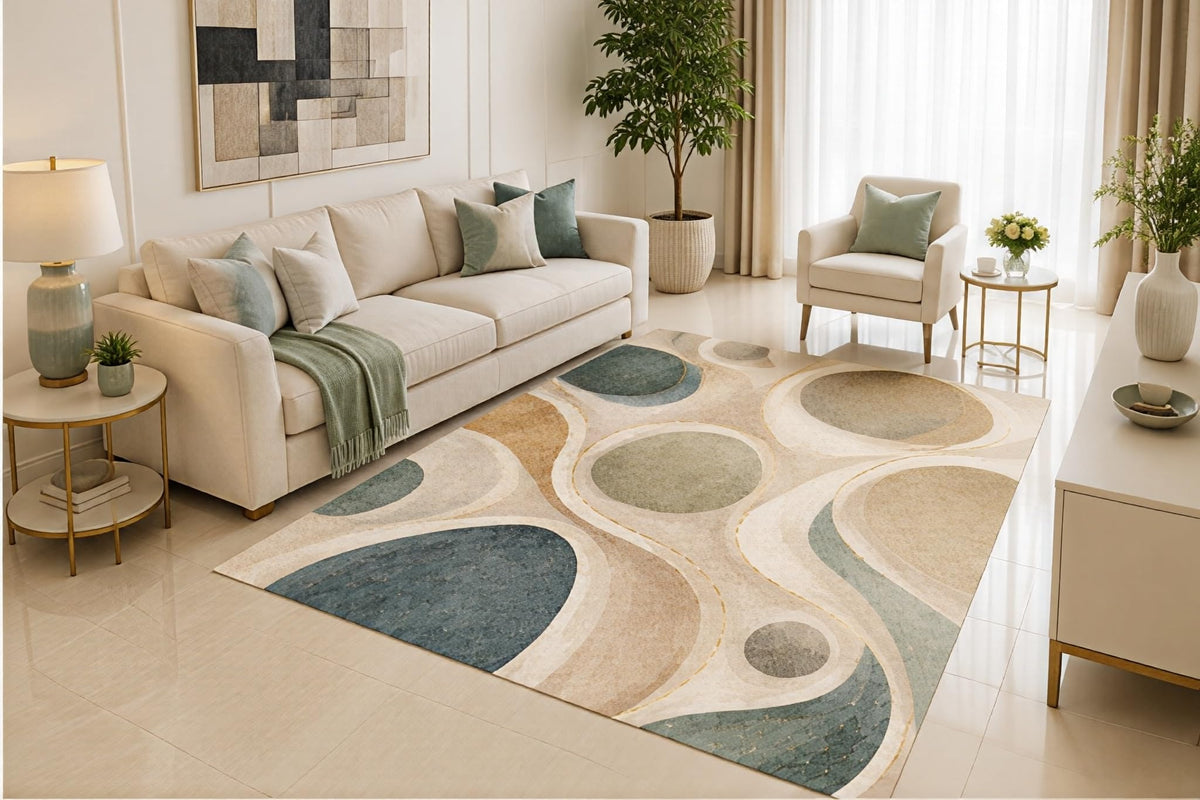 ICE ARMOR 5' x 7' Modern Circle Geometric Area Rug, Blue Gray Beige Abstract Orb Pattern for Living Room Bedroom Office, Non-Slip Silicone Backing, Low Pile Carpet