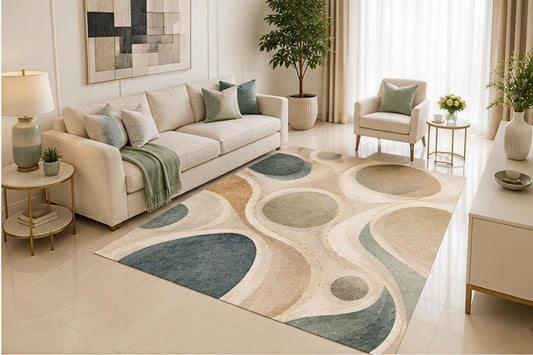 ICE ARMOR 5' x 7' Modern Circle Geometric Area Rug, Blue Gray Beige Abstract Orb Pattern for Living Room Bedroom Office, Non-Slip Silicone Backing, Low Pile Carpet
