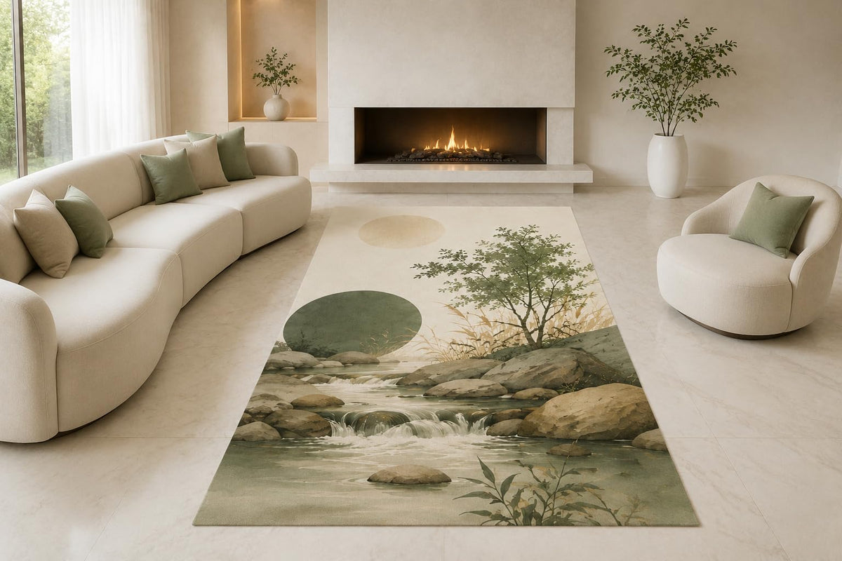 ICE ARMOR "Ultra Lightweight Large 6'7" x 9'10" Rocky Woodland Stream Area Rug for Living Room, Bedroom and Home Office, Soft Low Pile Carpet with Non-Slip Silicone Backing, Green and Beige