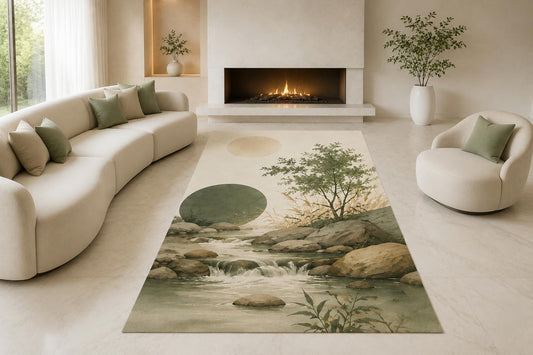 ICE ARMOR "Ultra Lightweight Large 6'7" x 9'10" Rocky Woodland Stream Area Rug for Living Room, Bedroom and Home Office, Soft Low Pile Carpet with Non-Slip Silicone Backing, Green and Beige