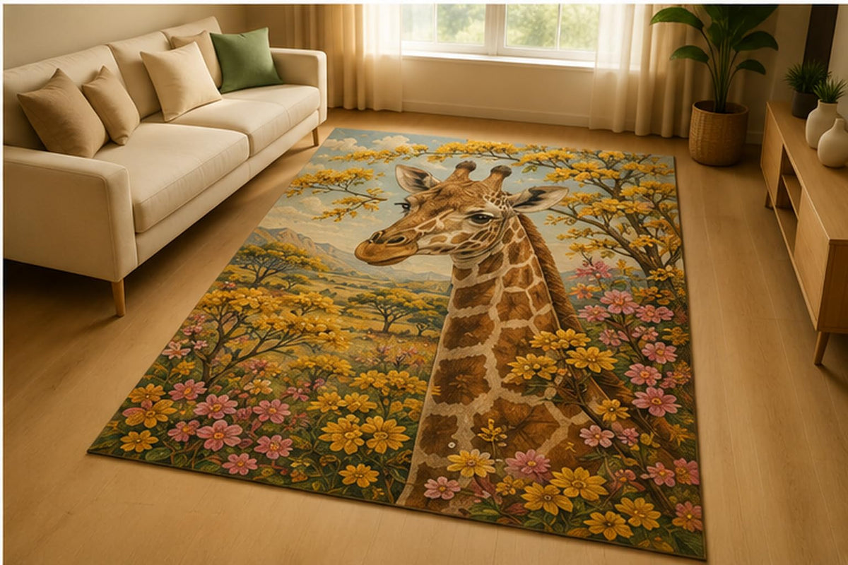 ICE ARMOR 5' x 7' Giraffe Wildflower Savannah Area Rug for Living Room, Soft Low Pile Indoor Rug with Non-Slip Silicone Backing, Safari Animal Decor for Bedroom, Nursery, Kids Room, Kids & Pets