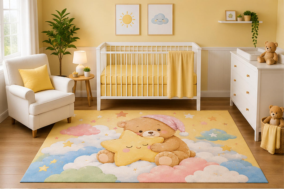 ICE ARMOR 5' x 7' Sleeping Teddy Bear Star Area Rug for Nursery Room, Cute Pastel Clouds and Moon Sky Design, Baby Bedroom Decor, Non-Slip Silicone Backing Low Pile