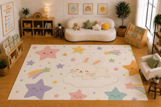 ICE ARMOR Large 6'7" x 9'10" Cute Bunny Stars and Rainbow Area Rug for for Kids Room, Classroom, Bedroom, Playroom Decor, Soft Low Pile Indoor Rug with Non-Slip Silicone Backing, Pastel Cream