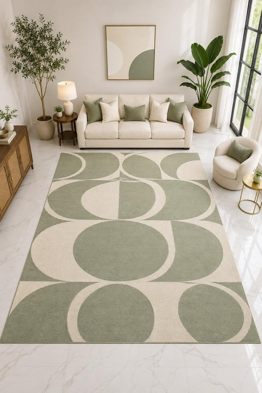 ICE ARMOR "Ultra Light Weight Large 6'7" x 9'10" Sage Circle Geometric Rug, Soft Low Pile Indoor Rug, Non-Slip Silicone Backing for Office Green