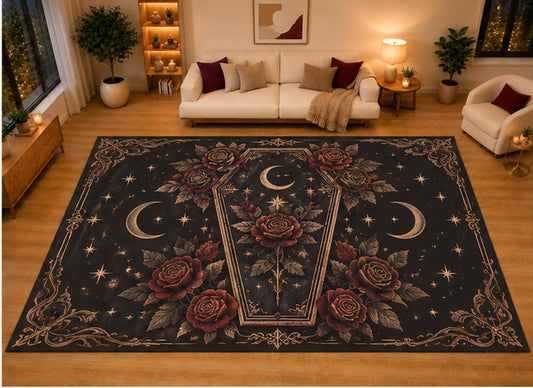 ICE ARMOR "Ultra Light Weight Large 6'7" x 9'10" Coffin Red Rose Crescent Moon Area Rug for Living Room Bedroom, Soft Low Pile Non-Slip Backing, Black Burgundy Gothic Celestial Decor